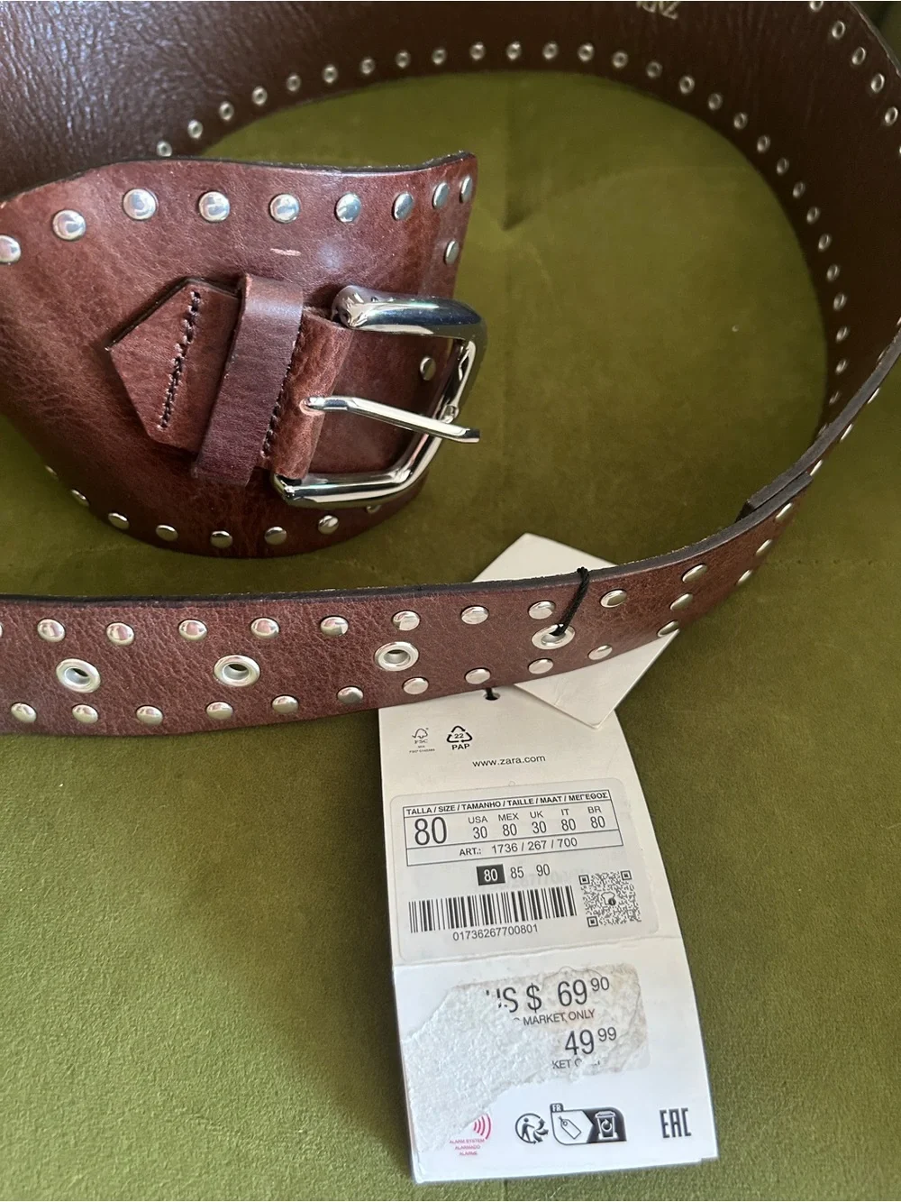 Zara Brown Leather Eyelet Strap Belt
